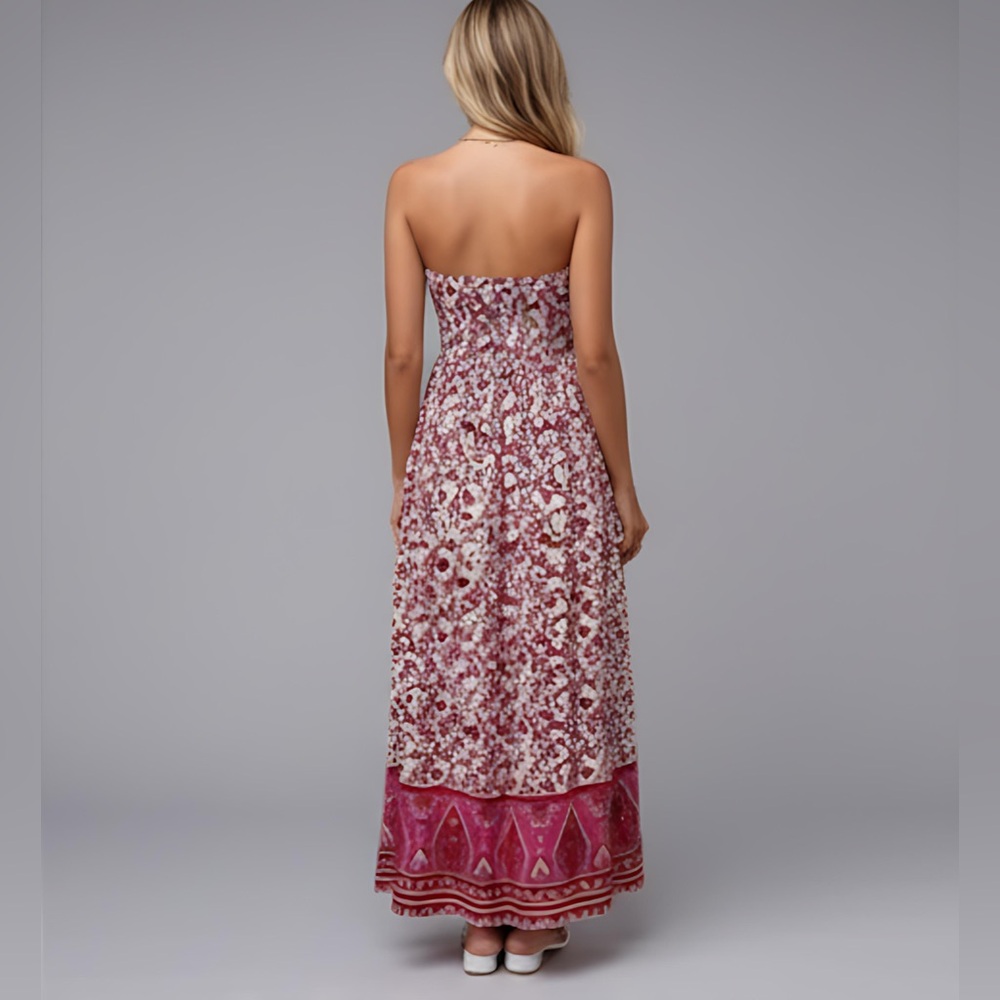 LAST ONE 🔥 Red/Pink  Boho Floral Print Tube Dress - Picture 4 of 10